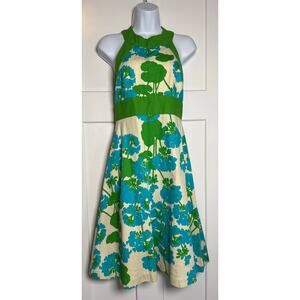 Malia Honolulu Halter Dress Blue Green Floral Size 10 Vintage Cotton Open Back